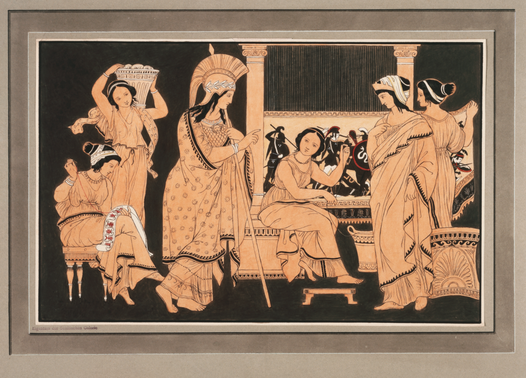 Ink drawing in orange and black of Athena visiting Penelope who is weaving Laertes's shroud on a loom.