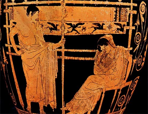 Black and orange vase painting of Penelope seated in front of her loom, next to her son Telemachus.