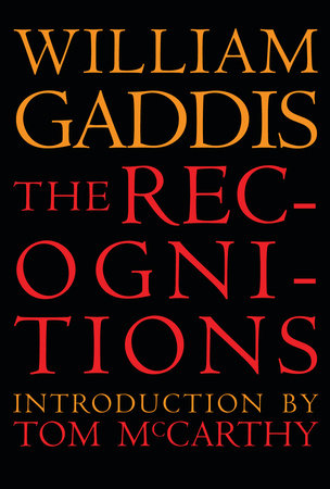 "The Recognitions" book cover: black background with large block letters of different sizes in orange and red.