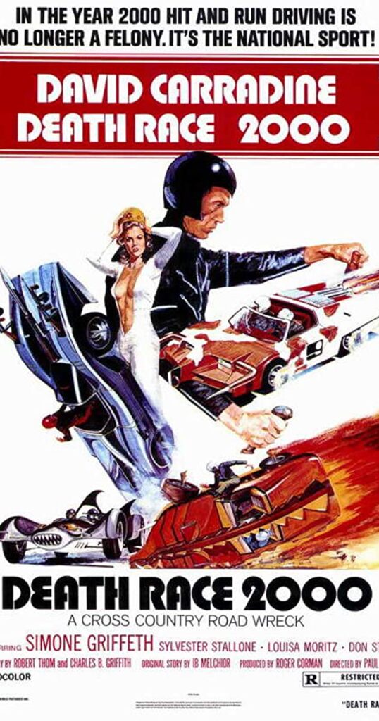 Movie poster for Death Race 2000; it depicts crashing race cars and their drivers.