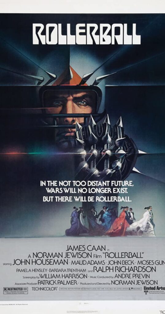 Rollerball movie poster; Jonathan E in a spiked helmet holding the spiked metal ball.