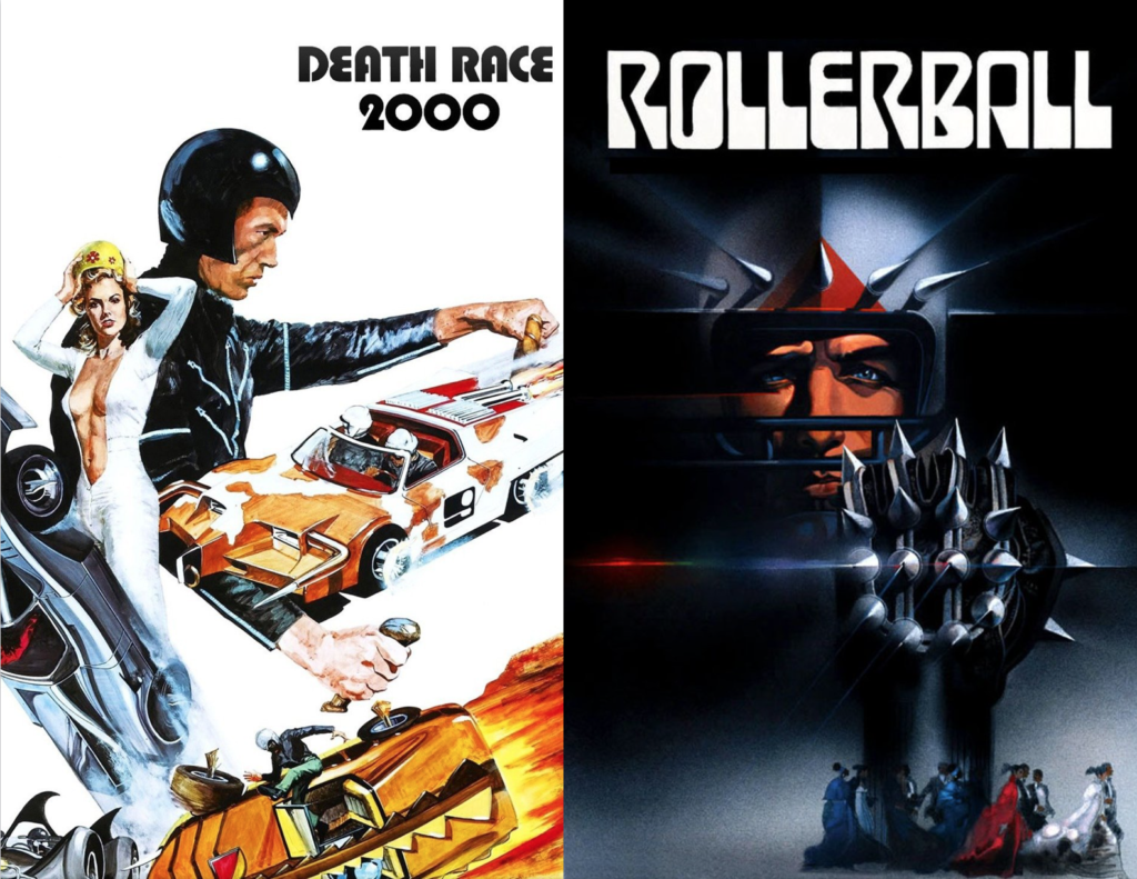 Movie posters for Death Race 2000 and Rollerball; Frankenstein and various orange and white race cars; Jonathan E in metal helmet with metal spiked ball.