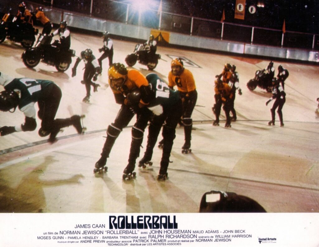 A scene from Rollerball; Houston vs New York skaters in the rink.